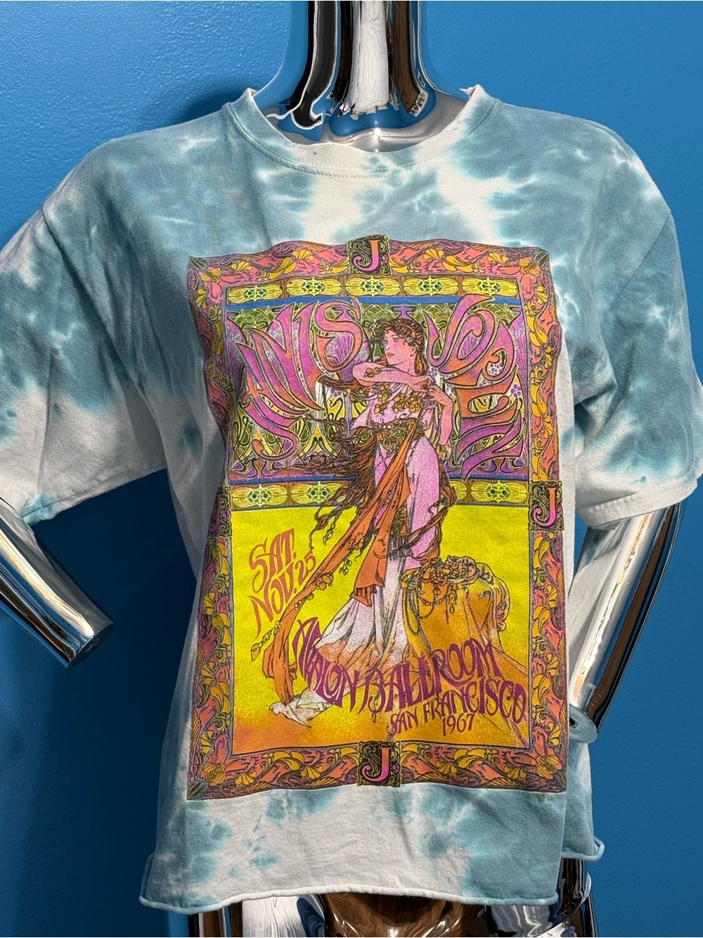 Tie-Dye Short Sleeve Graphic Tee with Yellow Vintage Poster Print